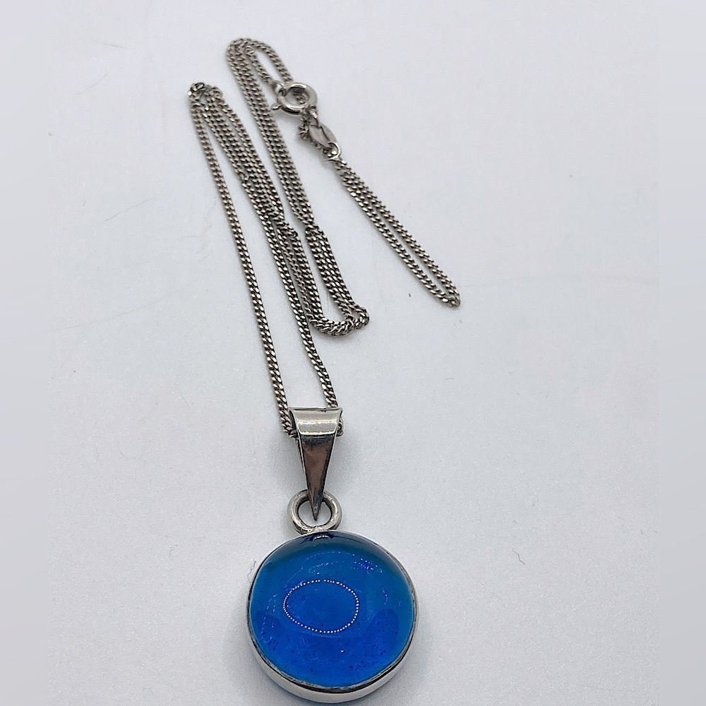 VTG Sterling Round Blue Glass Pendant & Chain - 18” & 1.4” Pendant